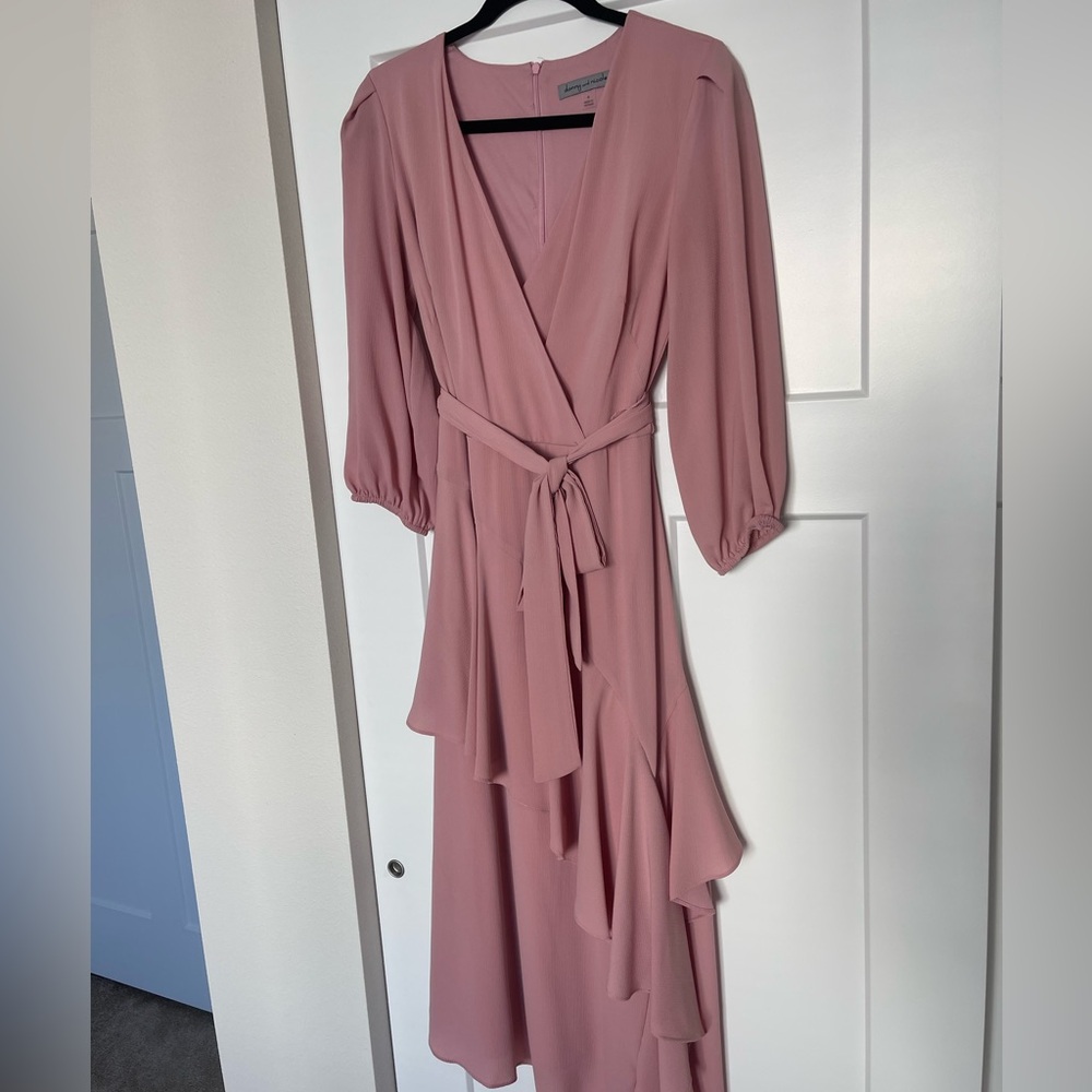 Pink ruffle Danny and Nichole midi dress